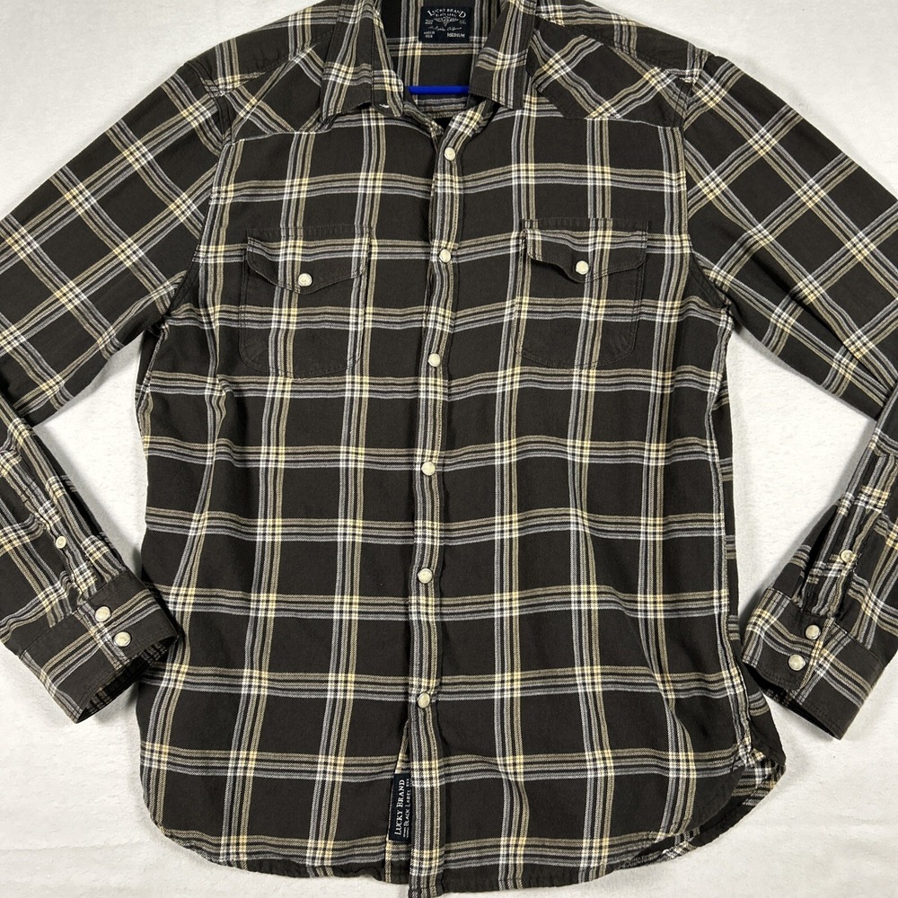 Lucky Brand Western Shirt Mens Medium Brown Plaid Snap Front California Fit